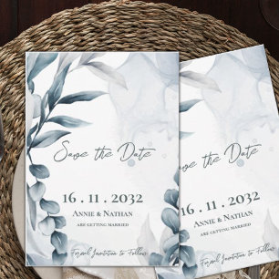 Dusty Blue Eucalyptus Leaves Elegant Wedding Save The Date