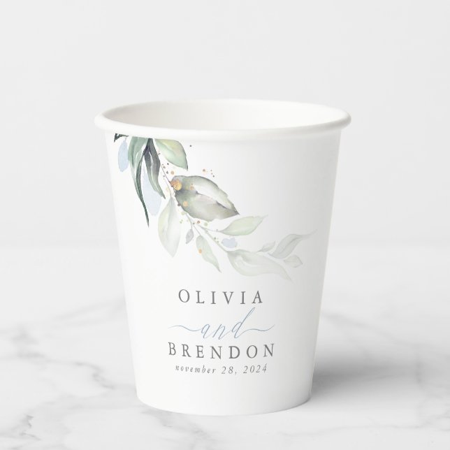 Dusty Blue Eucalyptus Leaves Greenery Elegant Paper Cups (Front)