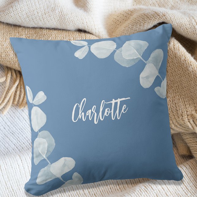 Dusty blue eucalyptus name script cushion (Creator Uploaded)