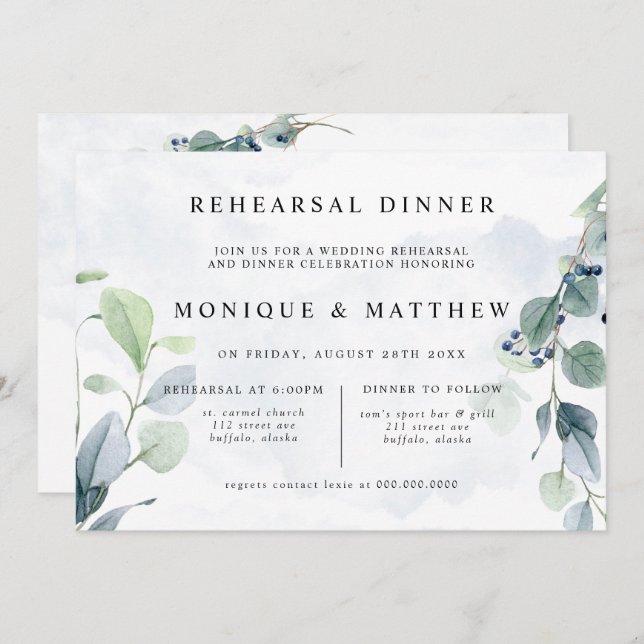 Dusty Blue Eucalyptus Rustic Rehearsal Dinner Invitation (Front/Back)