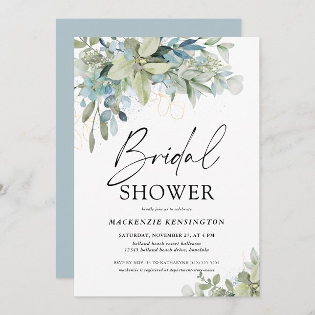 Dusty Blue Eucalyptus Script Bridal Shower Invitation (Front/Back)