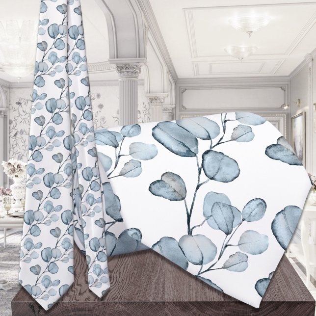 Dusty Blue Eucalyptus Sprigs White Wedding Tie (Creator Uploaded)