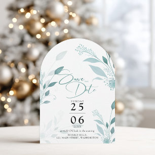 Dusty Blue Eucalyptus Teal Photo QR Code Wedding Save The Date