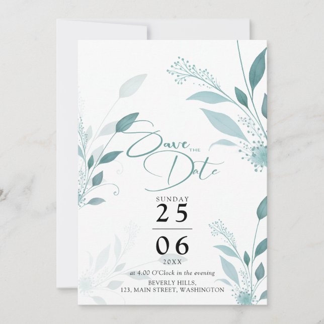 Dusty Blue Eucalyptus Teal Photo QR Code Wedding Save The Date (Front)