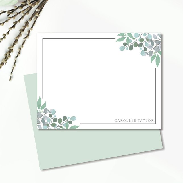Dusty Blue Eucalyptus Vines Thin Border Stationery Card (Creator Uploaded)