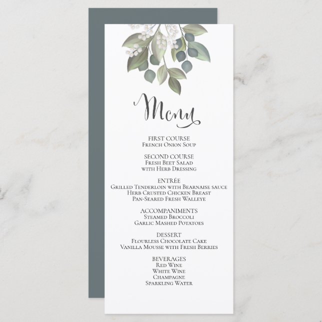Dusty Blue Eucalyptus Wedding Foliage Elegant Menu (Front/Back)