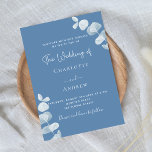 Dusty blue eucalyptus wedding invitation<br><div class="desc">Dusty blue background,  decorated with eucalyptus stems,  sprigs.  Personalise and andd your names and the details.
Back: dusty blue background.</div>