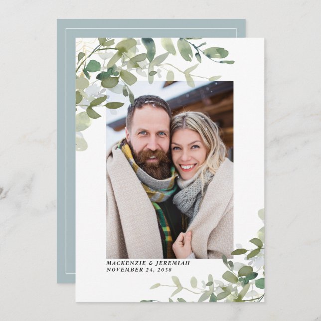Dusty Blue Eucalyptus Wedding Photo Save the Date (Front/Back)