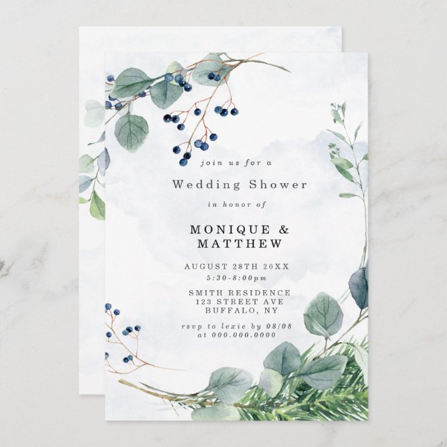 Dusty Blue Eucalyptus Wedding Shower Invitations (Front/Back)