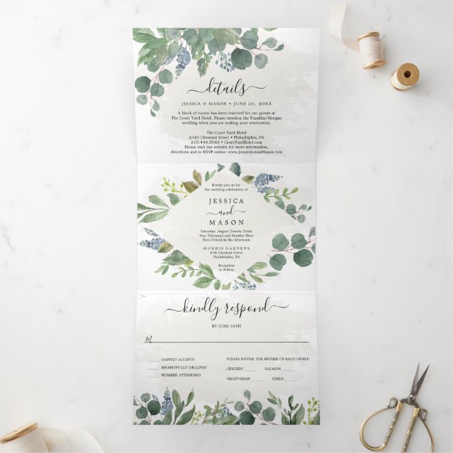Dusty Blue Eucalyptus Wedding Tri-Fold Invitations (Inside)