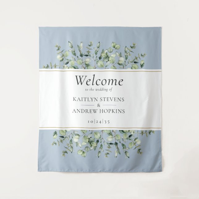Dusty Blue Eucalyptus Wedding Welcome  Tapestry (Front)