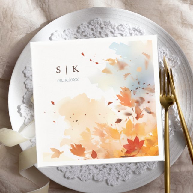 Dusty Blue Fall Leaves Monogram Wedding Napkin (Creator Uploaded)