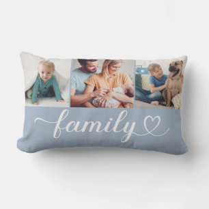 Dusty Blue Family Heart 3 Photo Collage Lumbar Cushion