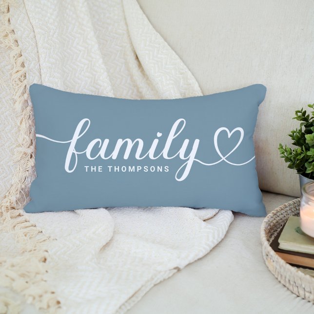 Dusty Blue Family Heart Script Monogram Lumbar Cushion (Creator Uploaded)