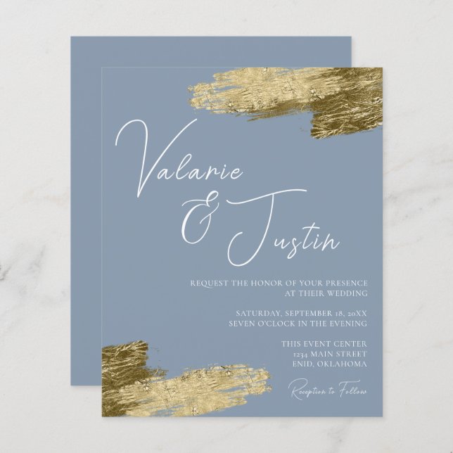 Dusty Blue Faux Gold Foil Wedding Invitation (Front/Back)
