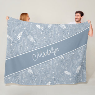 dusty blue feathers paislies floral doodle pattern fleece blanket