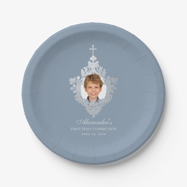 Dusty Blue First Communion Boy Photo Faux Silver Paper Plate (Front)