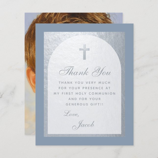 Dusty Blue First Communion Budget Thank You Card (Front/Back)