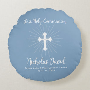 Dusty Blue First Communion with Cross Round Cushion