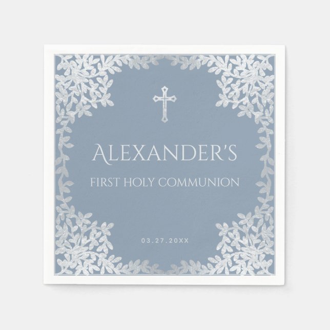 Dusty Blue First Holy Communion Elegant Boy Leaves Napkin (Front)