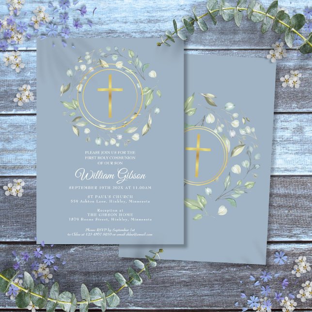 Dusty Blue First Holy Communion Greenery Gold  Invitation (Dusty Blue First Holy Communion Greenery Gold Invitation)