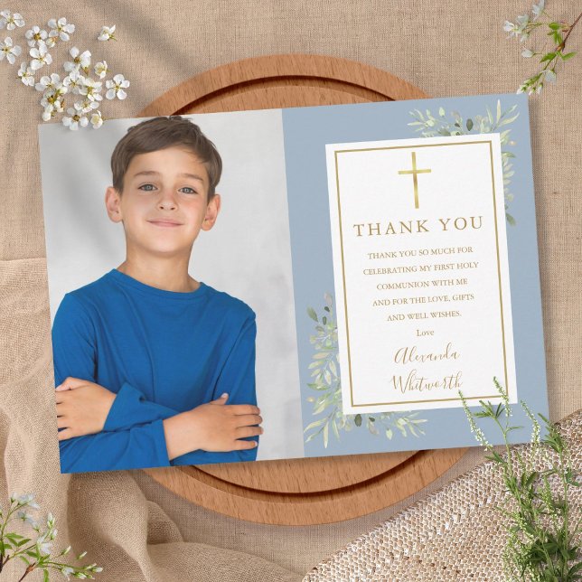 Dusty Blue First Holy Communion Greenery Photo Thank You Card (Creator Uploaded)
