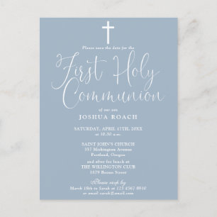 Dusty Blue First Holy Communion Save The Date Postcard