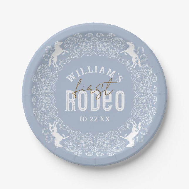 Dusty Blue First Rodeo Birthday Paper Plates – Wes (Front)