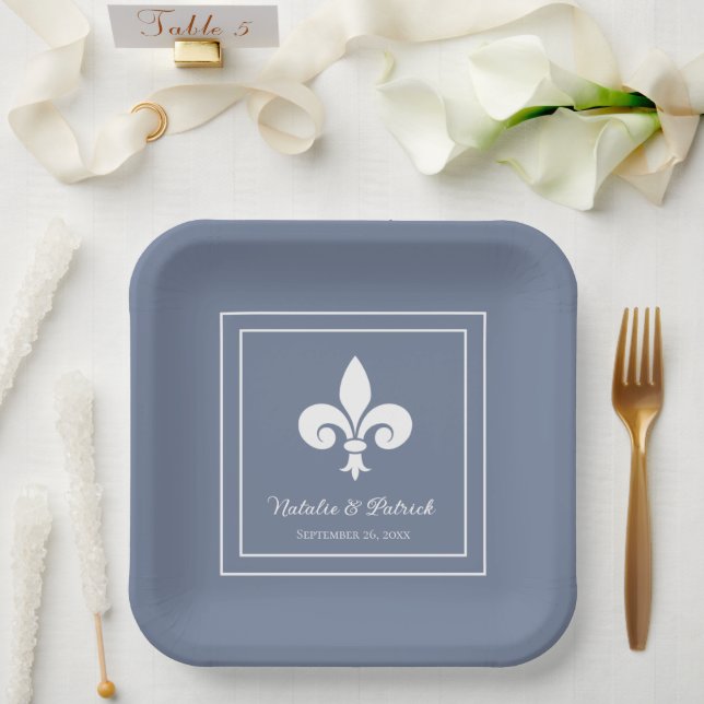 Dusty Blue Fleur de Lis Wedding Paper Plates (Wedding)