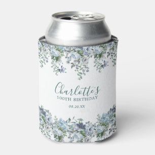 Dusty Blue Floral 100th Birthday Custom Can Cooler