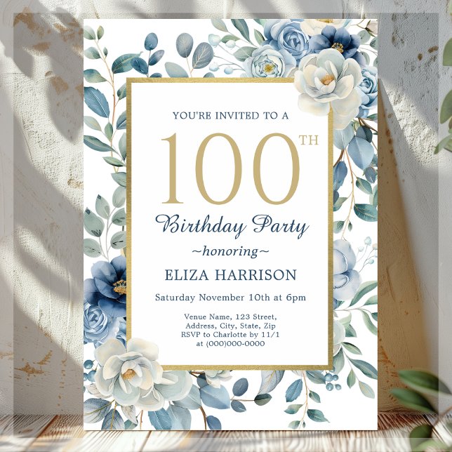 Dusty Blue Floral 100th Birthday  Invitation (Creator Uploaded)