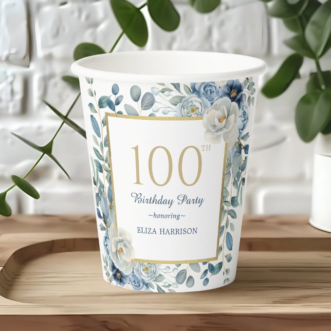Dusty Blue Floral 100th Birthday Paper cup (Creator Uploaded)