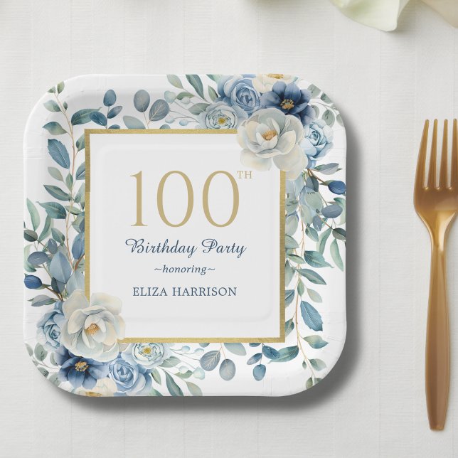 Dusty Blue Floral 100th Birthday  Paper Plate (Creator Uploaded)
