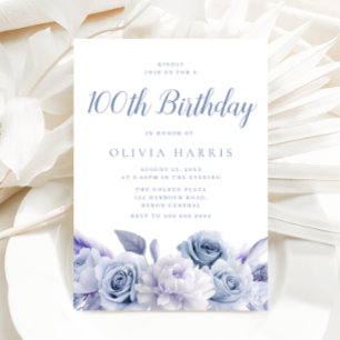 Dusty Blue Floral 100th Birthday Party Invitation
