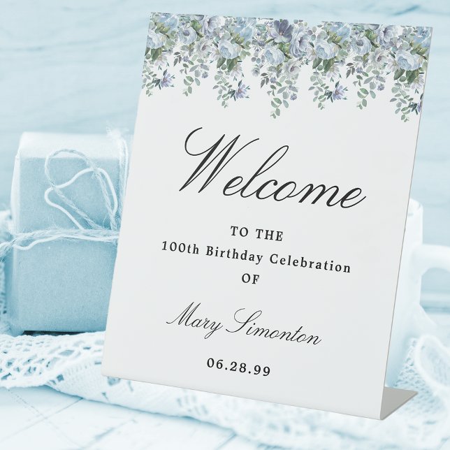 Dusty Blue Floral 100th Birthday Party Welcome Pedestal Sign (Creator Uploaded)