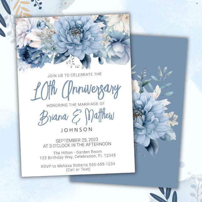 Dusty Blue Floral 10th Wedding Anniversary  Invitation (Creator Uploaded)