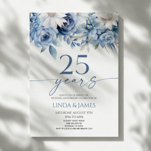 Dusty Blue Floral 25th Wedding Anniversary Invitation