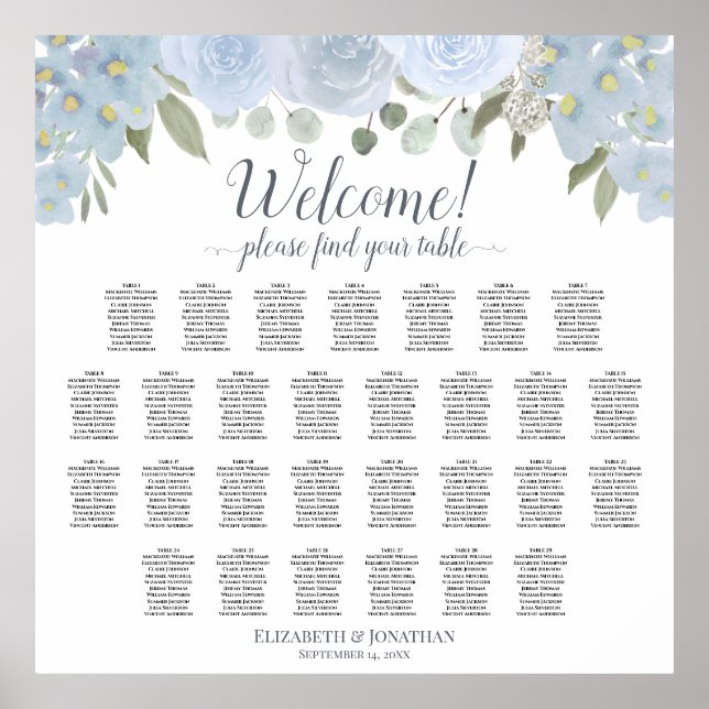 Dusty Blue Floral 29 Table Wedding Seating Chart (Front)