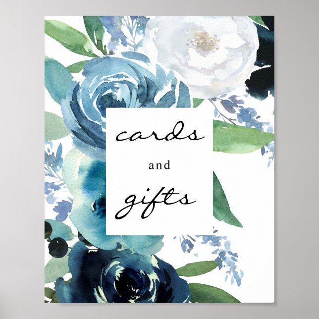 Dusty Blue Floral 2 Cards & Gifts Sign Poster (Front)