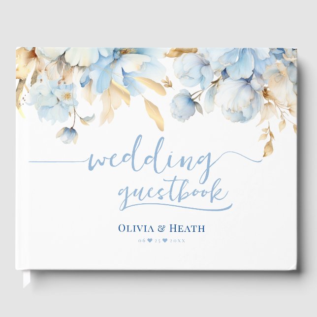 Dusty Blue Floral 2 Gold Wedding  Guest Book (Front)