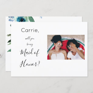 Dusty Blue Floral 2 Maid of Honour Proposal Photo  Invitation