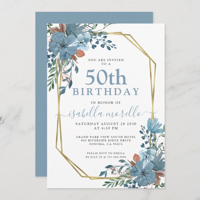 Dusty Blue Floral 50th Birthday Invitation (Front/Back)