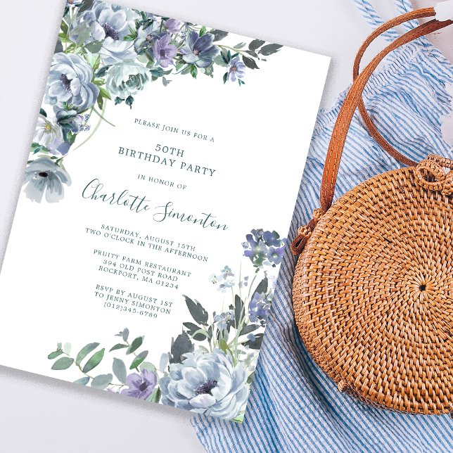 Dusty Blue Floral 50th Birthday Party Invitation (Creator Uploaded)