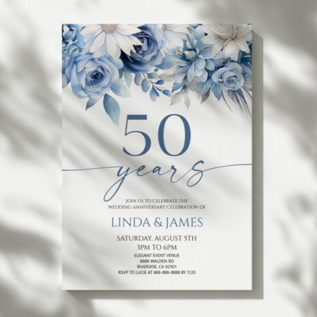 Dusty Blue Floral 50th Wedding Anniversary Invitation (Creator Uploaded)