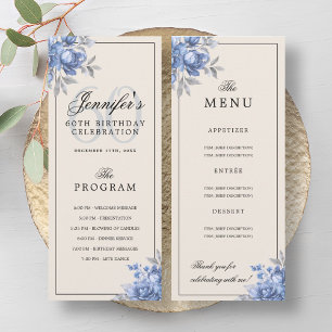 Dusty Blue Floral 60th Birthday Program Menu Cream