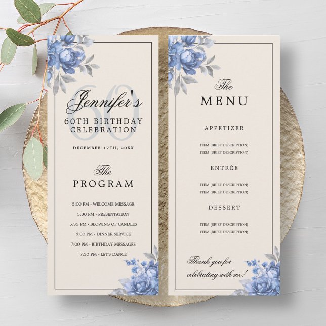 Dusty Blue Floral 60th Birthday Program Menu Cream (Dusty Blue Floral 60th Birthday Program Menu Cream)