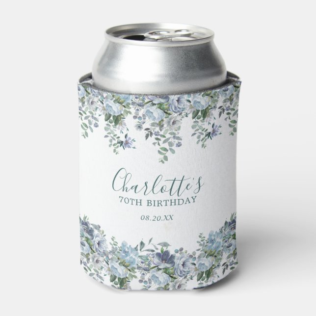 Dusty Blue Floral 70th Birthday Custom Can Cooler (Can Front)