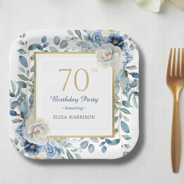 Dusty Blue Floral 70th Birthday  Paper Plate (Creator Uploaded)