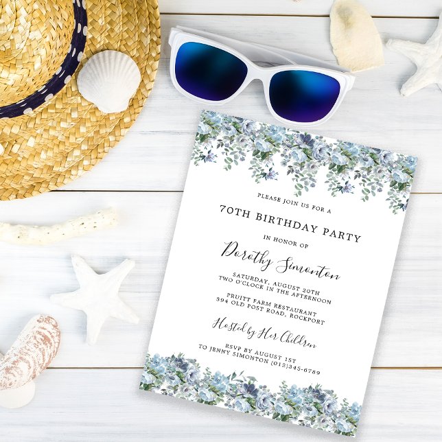 Dusty Blue Floral 70th Birthday Party Invitation (Creator Uploaded)