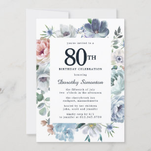 Dusty Blue Floral 80th Birthday Invitation
